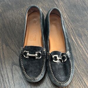 Salvatore Ferragamo blue/green suede loafers, silver horse bit detail, size 8.5C